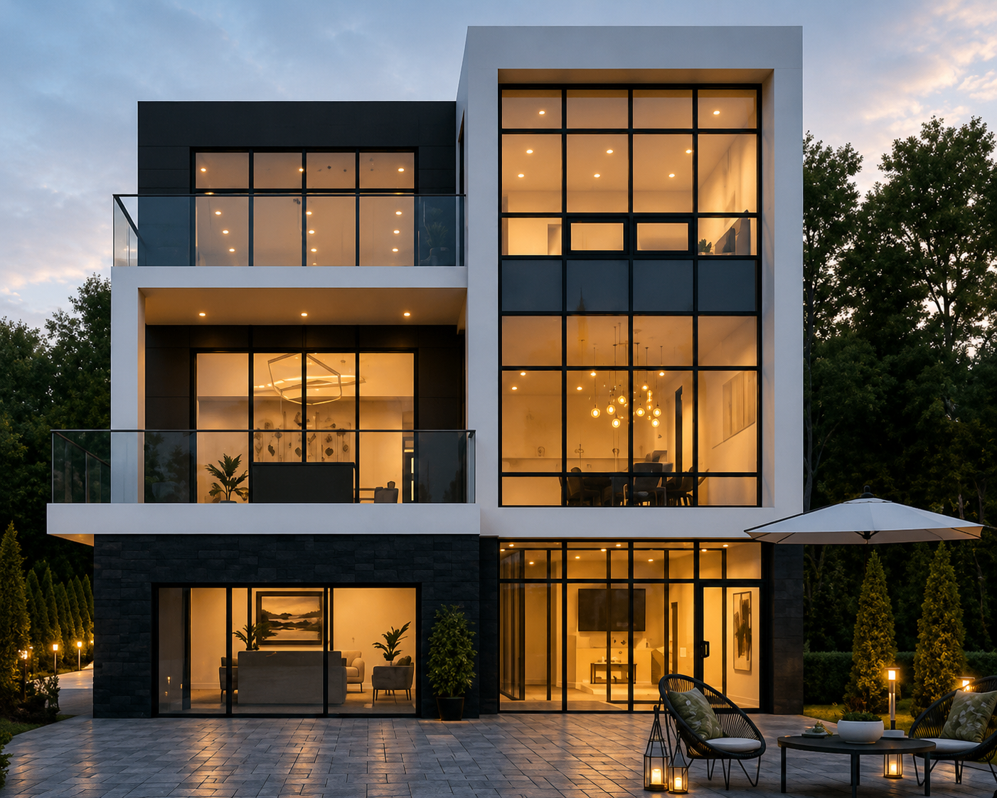 Evergreen Estates residence at dusk